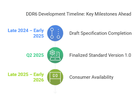 DDR6 development timeline infographic showing key milestones from late 2024 to early 2026, including draft specification, finalized standard, and consumer availability.