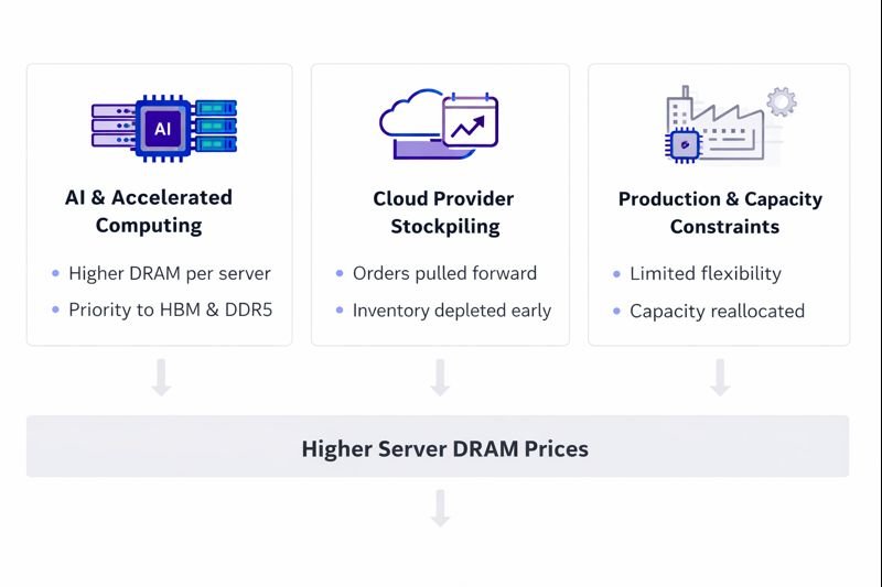 dram-price-increase-2026-key-drivers-diagram Diagram showing AI demand, cloud stockpiling, and production constraints driving higher server DRAM prices.